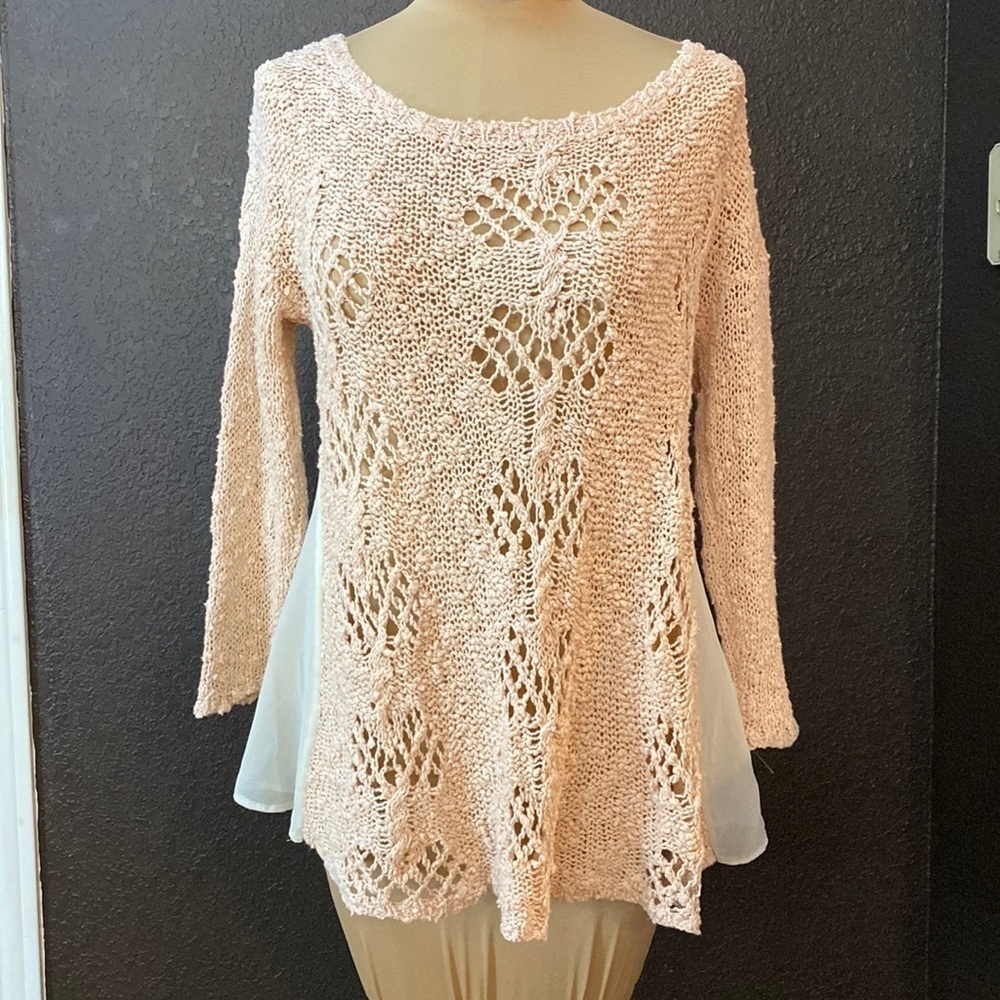 Anthropologie pink and cream open knit chiffon flare long sleeve sweater top